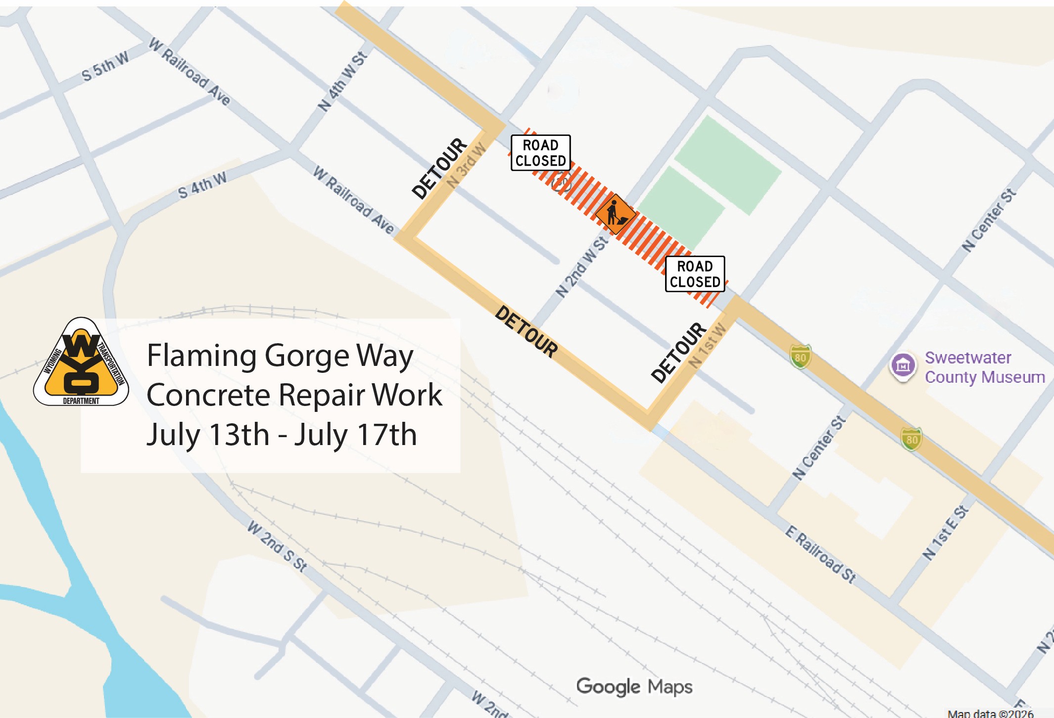 A map showing detour routes due to upcoming concrete repair work.