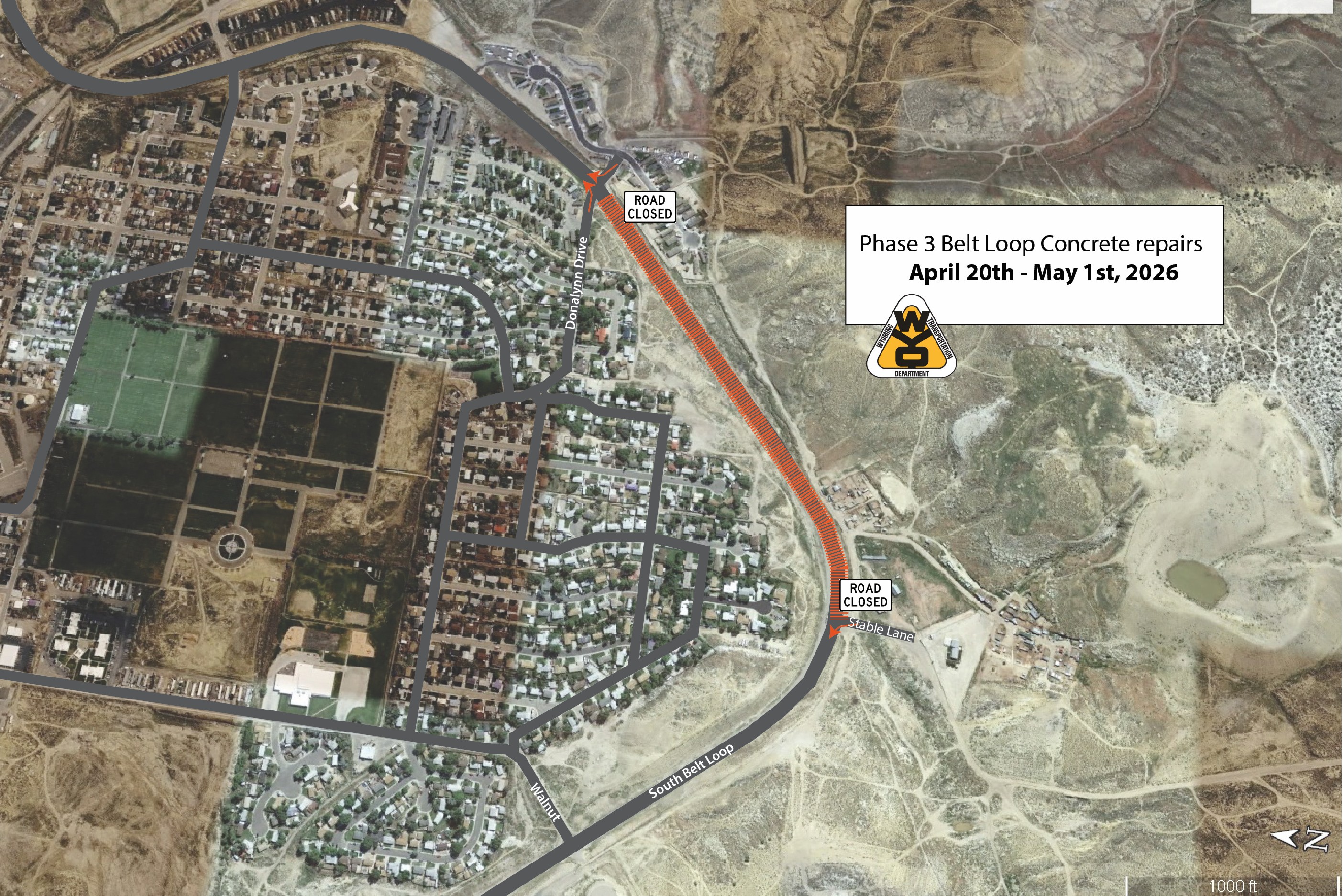 Satellite map showing a road closure on the South Belt Loop for "Phase 3 Belt Loop Concrete repairs" from April 20th to May 1st, 2026. An orange-hatched line indicates the closed section of the road between the intersection of Donalynn Drive and the intersection of Stable Lane. The Wyoming Department of Transportation logo is featured prominently in the center.